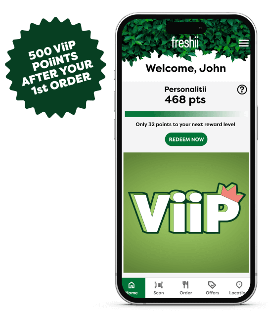 Freshii app screenshot with a 500 points sticker